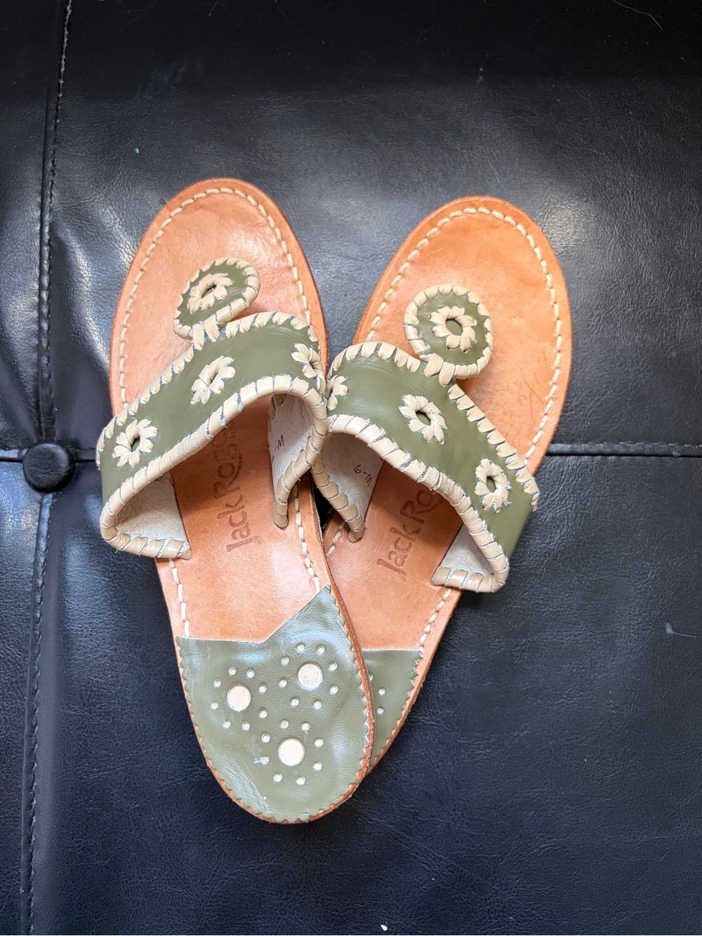 Jack Rogers Olive and Chestnut Leather Sandals with Whipstitch Detail